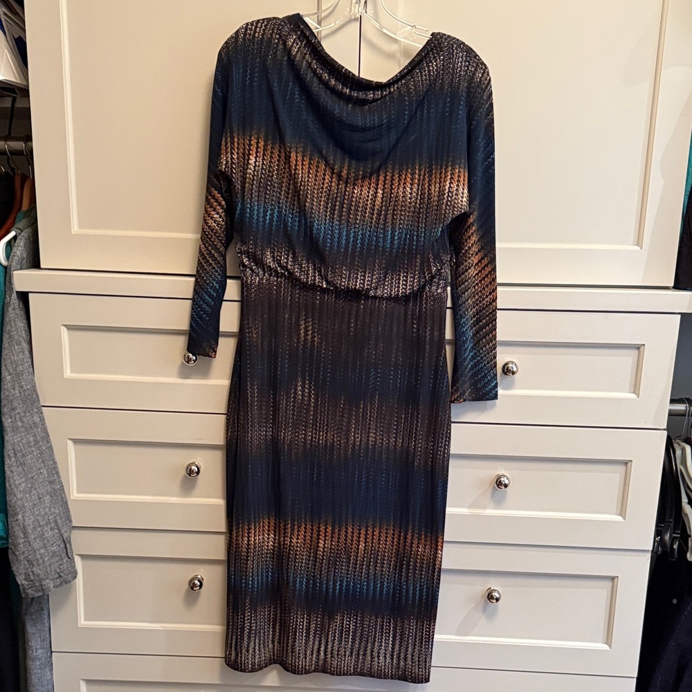 Badgley Mischka Elegant Multicolor Printed Sheath Midi Dress